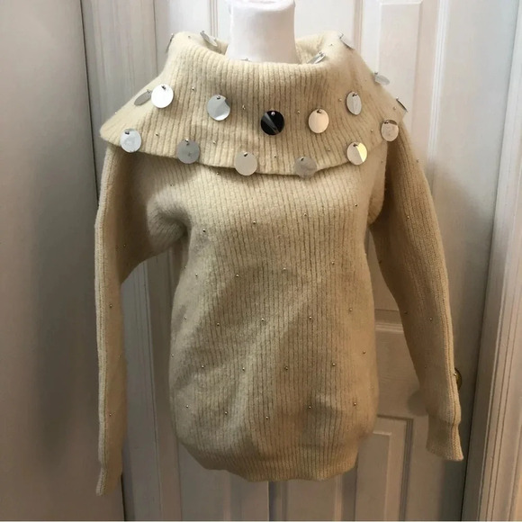 Spree International Cream Silver Disc Detailed Turtleneck Vintage Sweater Small - Picture 1 of 6